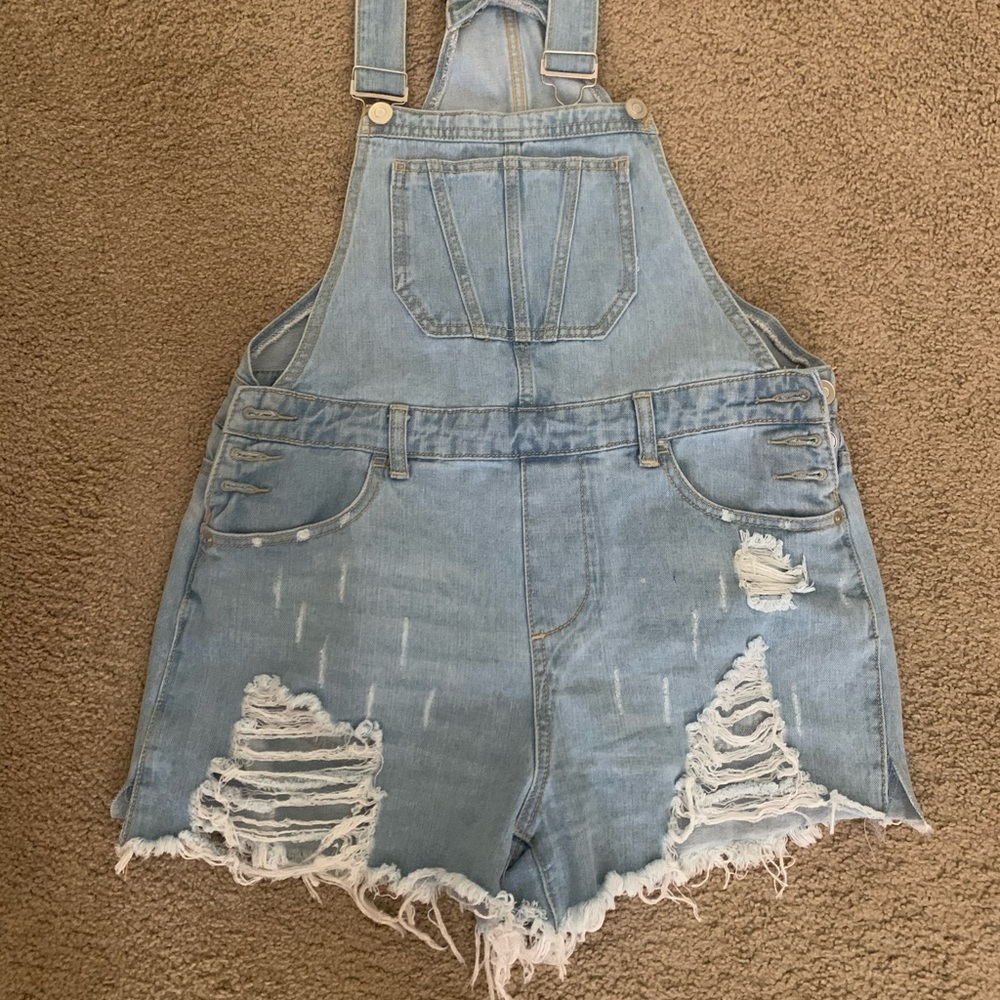 Distressed Denim Overall Shorts